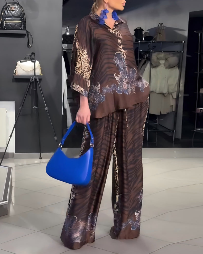 Ensemble Élégant Imprimé Léopard Pantalon Large