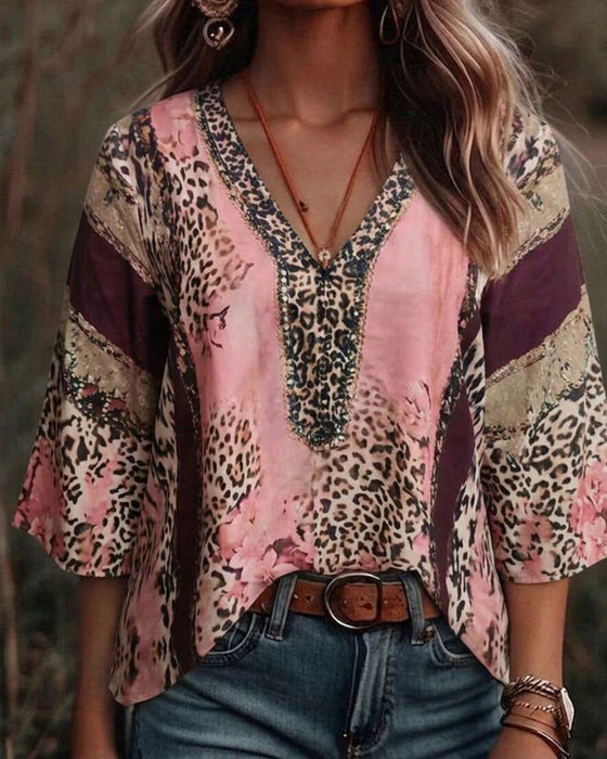 Blouse Col V Léopard Bloc De Couleur