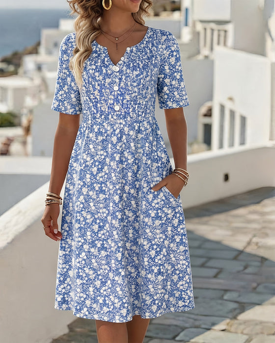 Robe Col V Manches Courtes Fleurie