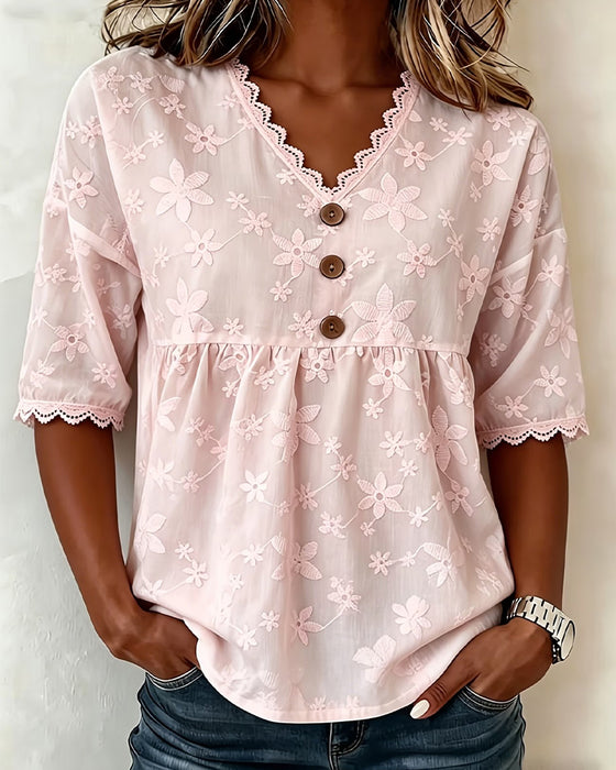 Blouse Fleur Tridimensionnelle Col En V Manches Mi-Longues
