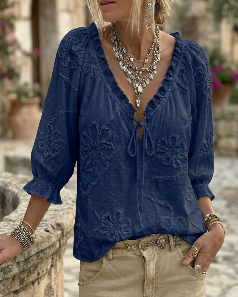 Blouse 100% Coton Col-V Enveloppante À Nœud Volantée