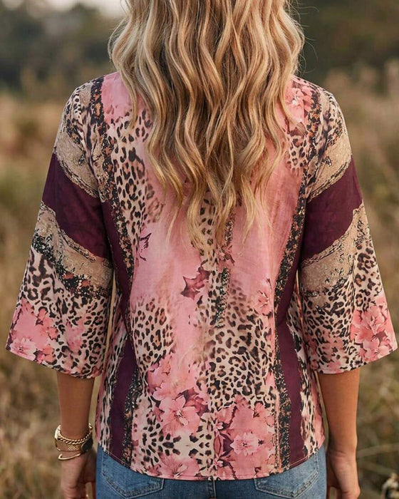 Blouse Col V Léopard Bloc De Couleur