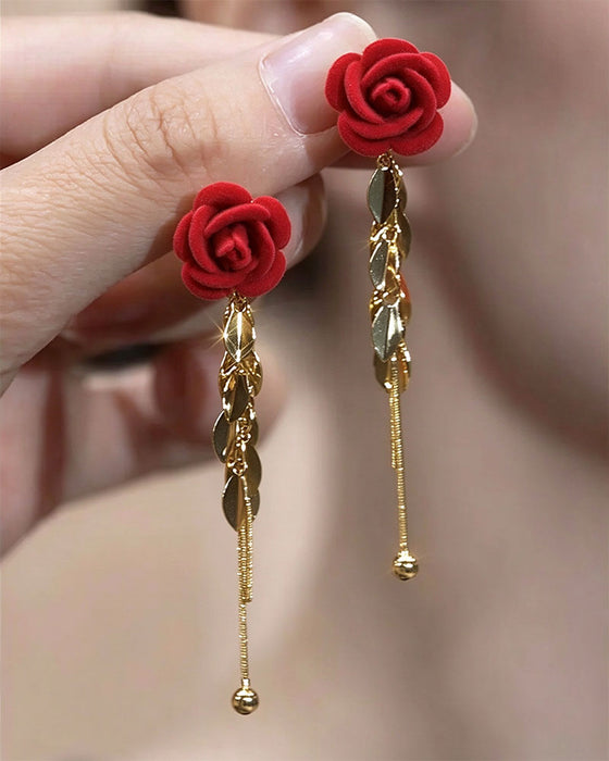 Boucles D'oreilles Rose Veloutée Cœur Long Pendentif