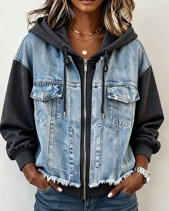 Manteau Denim Patchwork À Capuche Sweat