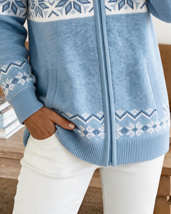 Cardigan À Capuche Fermeture Éclair Flocon De Neige Imprimé