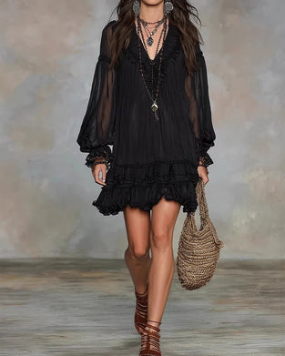 Robe Col V Manche Longue Volant