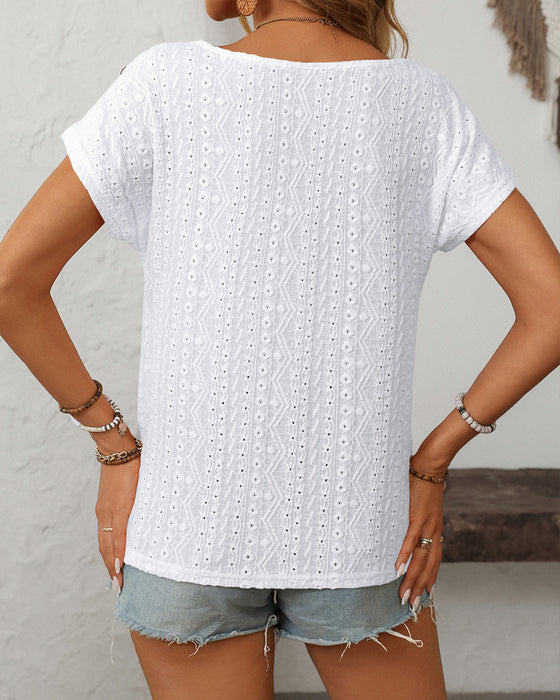 Blouse Col Rond Bouton Découpe Manches Courtes