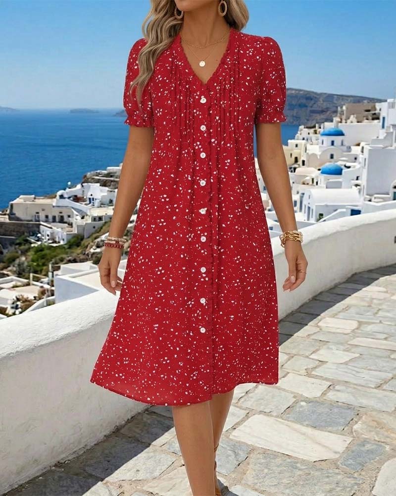 Robe Fleurie Col V Boutonnée Devant