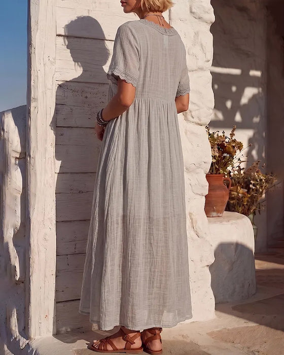 Robe Col En V Froncée Dentelle Patchwork