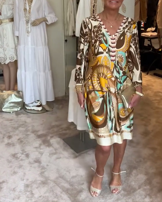 Robe décontractée à col en V et imprimé rétro