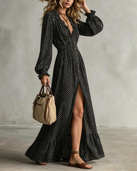 Robe Manche Lanterne Col En V À Pois Fente