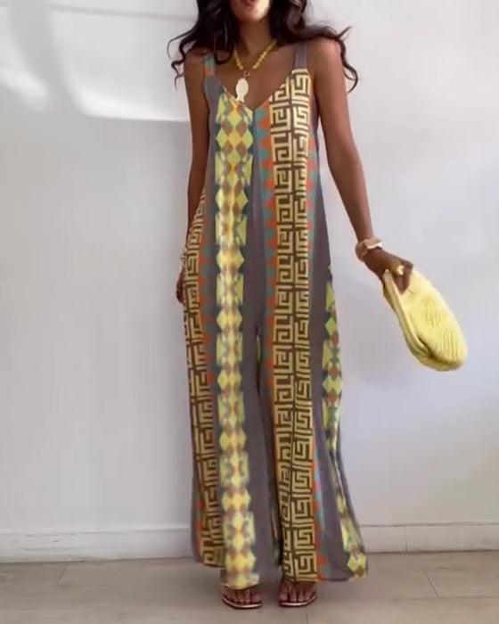 Jumpsuit Imprimé Géométrique Bretelle Spaghetti Jambe Large