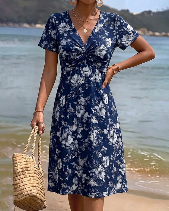 Robe Florale Col V Twist Nœud