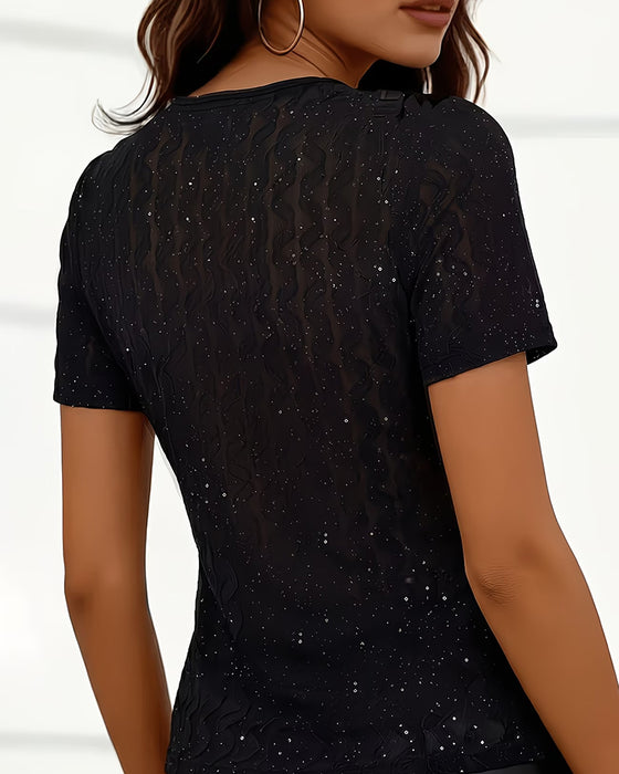 T-Shirts Col V Croix Paillette Slim-Fit