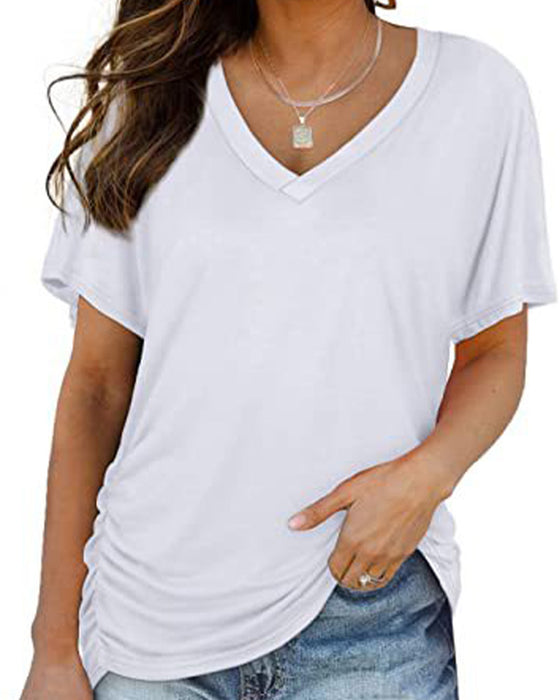 T-Shirt Plissé Uni Col En V