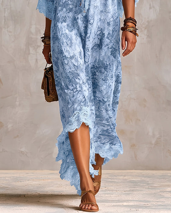 Robe Col En V Dentelle Patchwork Asymétrique