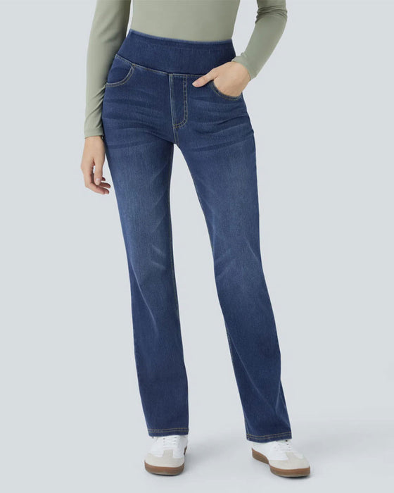 Pantalon Taille Haute Denim Poche Évasé