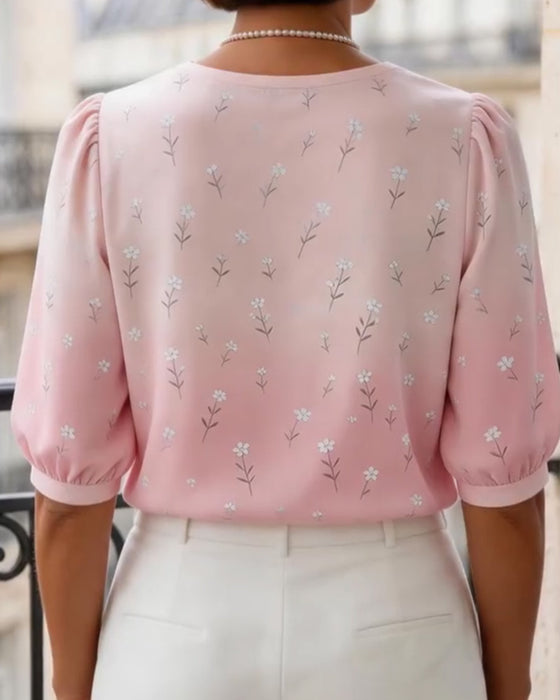 Blouse Florale Col Peter Pan Manche Bouffante