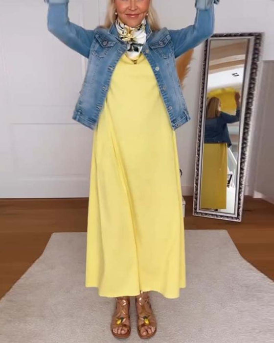 Robe Décontracté Col Rond Uni Droit