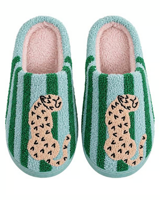 Damen Retro Gestreift & Leopard Flauschige Pantoffeln