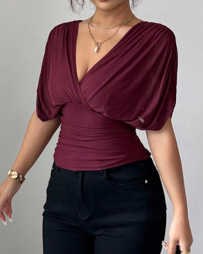 Blouse Unie Profond Col En V Taille Manches Courtes