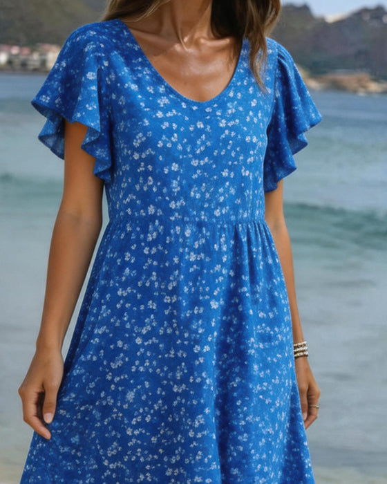 Robe Col U Taille Imprimé Manche Volantée