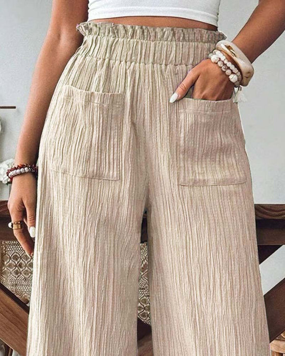 Pantalon Poche Appliquée Unie Taille Élastique Décontracté