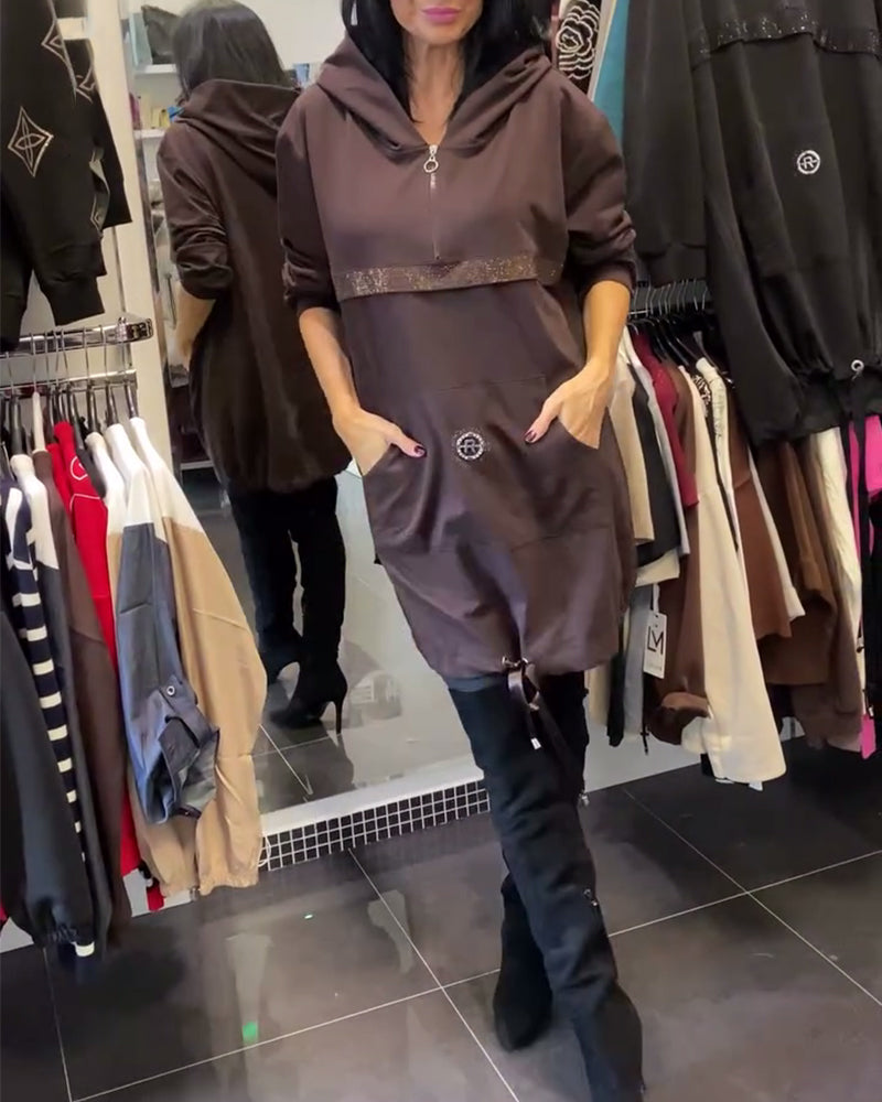 Robe Tendance À Demi-Fermeture Éclair Et Capuche