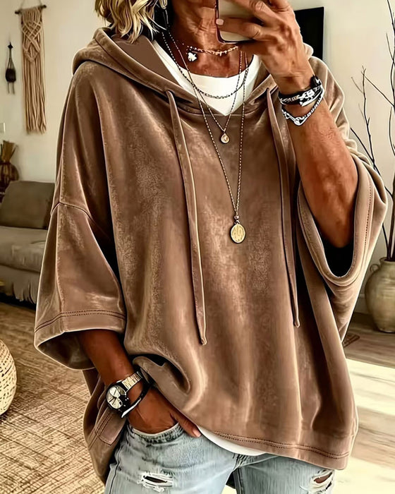 Sweatshirt Manche 3/4 Velours Capuche