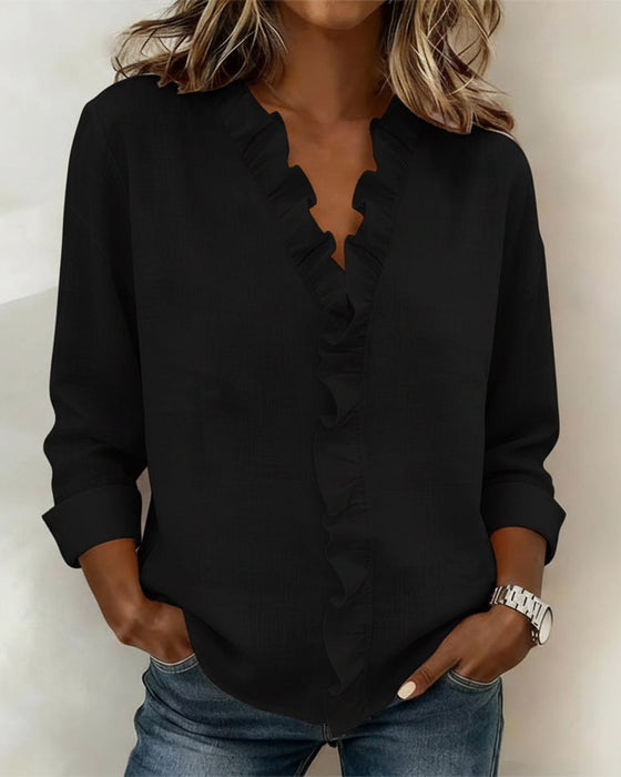 Blouse Froncé Col En V Manches Longues