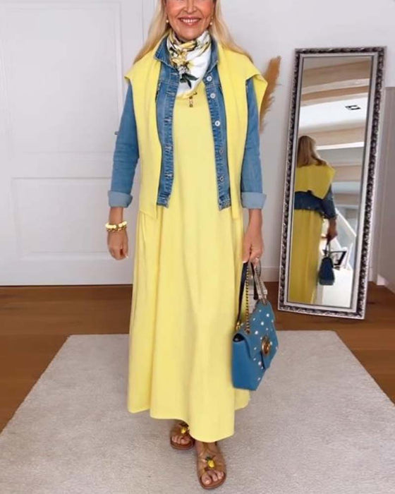 Robe Décontracté Col Rond Uni Droit