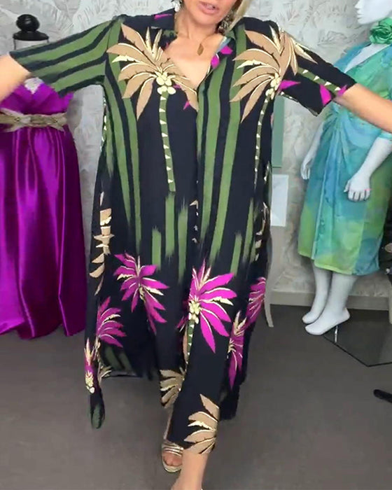 Robe ample décontractée à manches courtes et fente à imprimé feuilles