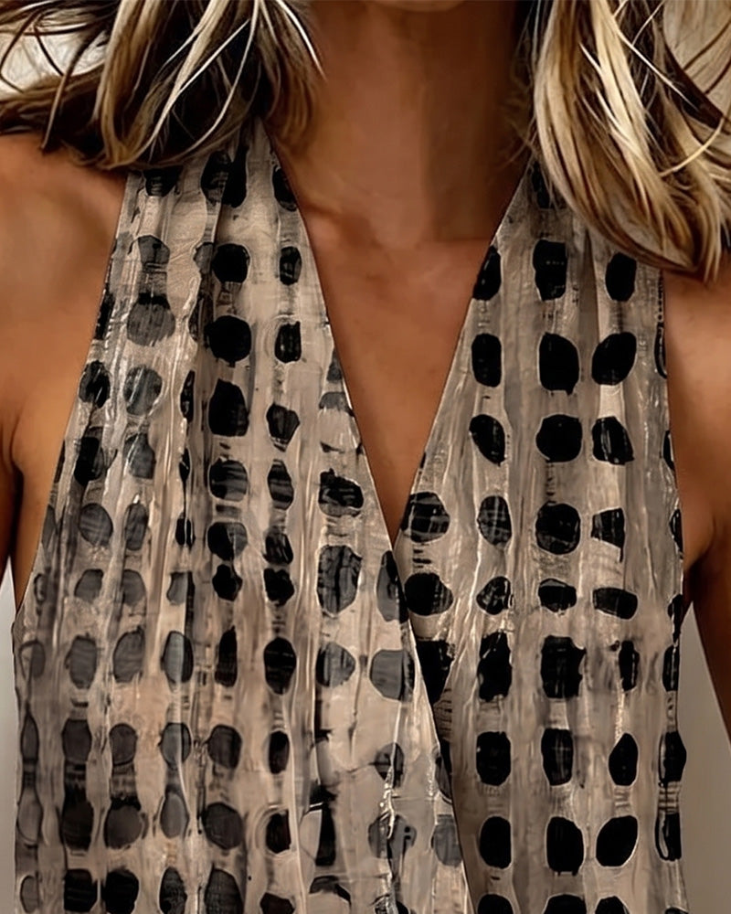 Blouse Col V Croisé Halter Pois Sans Manches