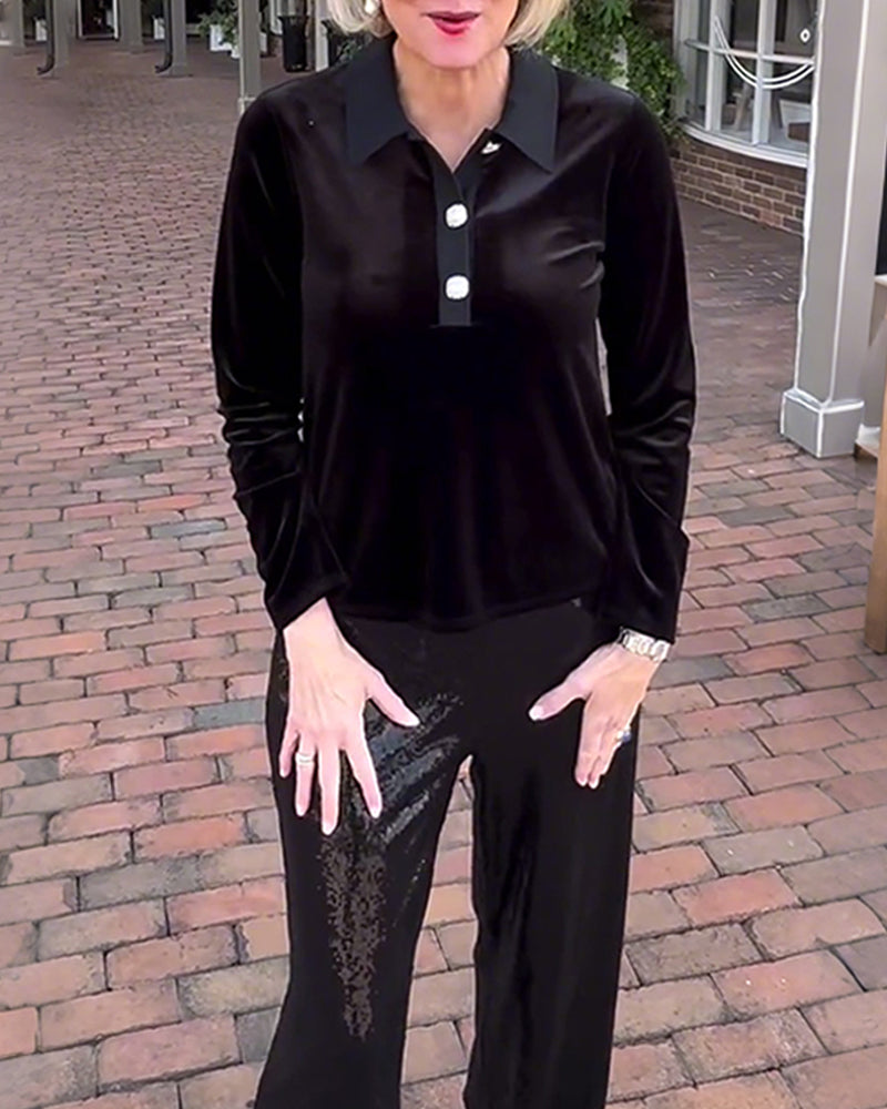 Blouse élégante en velours uni à manches longues