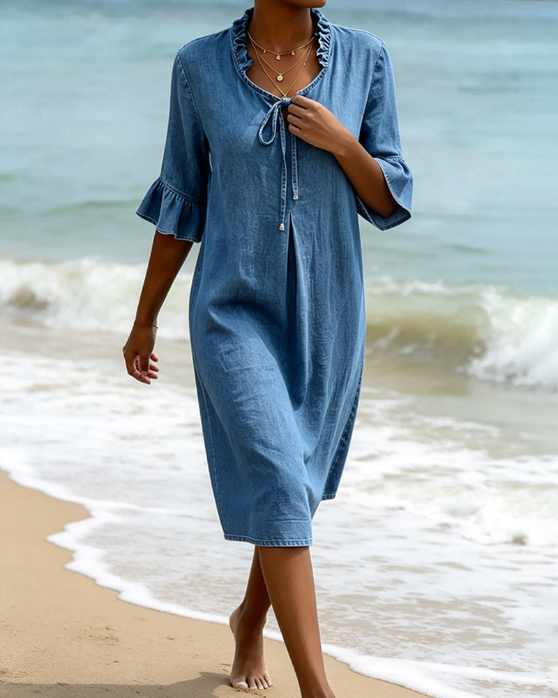 Robe Volant Nœud À La Taille Denim