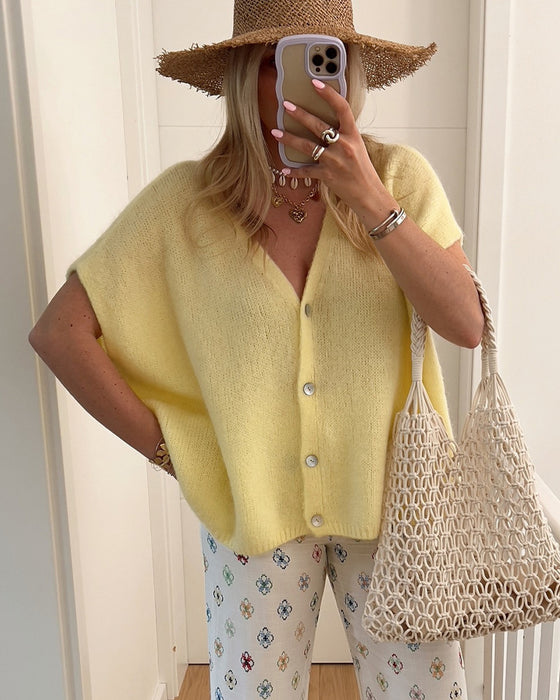 Cardigan Sans Manches Col En V Boutonnage Devant Pull