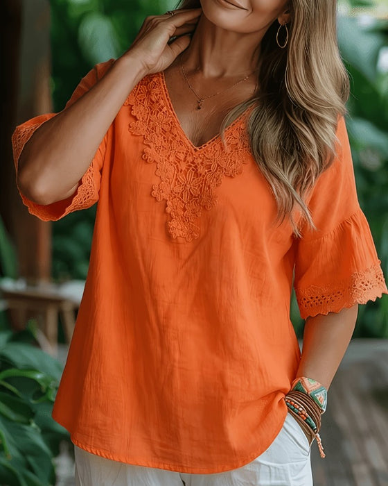 Blouse Dentelle Évidé Col V