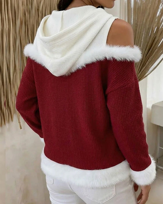Sweat À Capuche Épaules Dénudées Fausse Fourrure Bordure