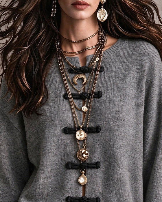 Pull Col Rond Bouton Chinois Lâche