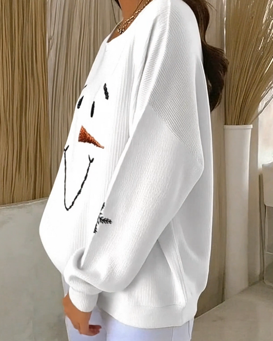 Sweat-Shirt Bonhomme De Neige Imprimé Col Rond