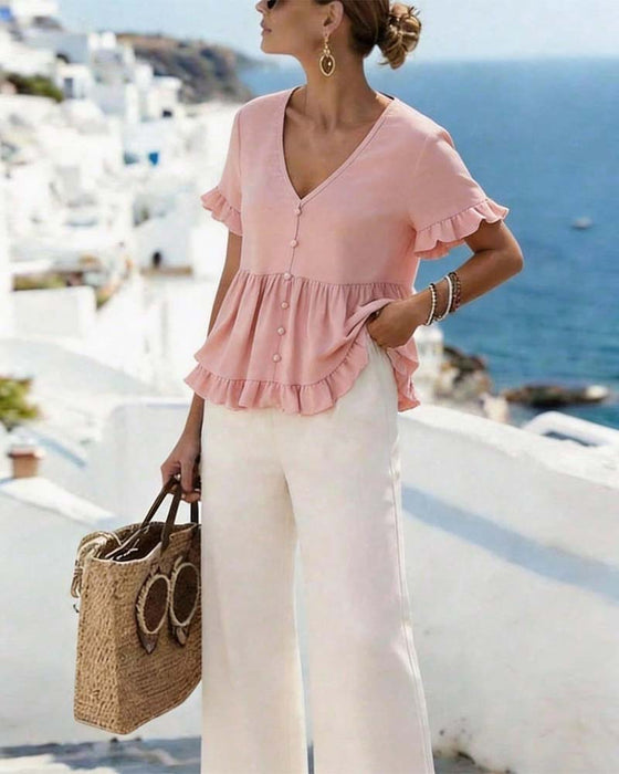 Blouse Col V Volant Perle Bouton