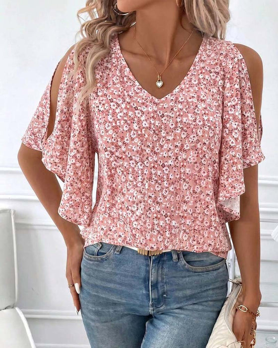Blouse Col V Florale Off-Shoulder Manche Papillon
