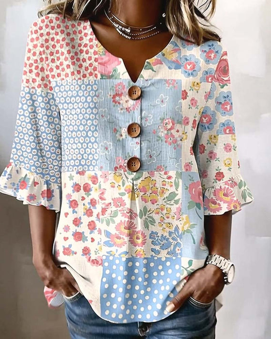 Blouse Manches Courtes Imprimé Floral Patchwork