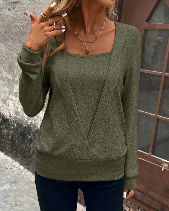 Sweat-shirt décontracté à manches longues et col carré de couleur unie