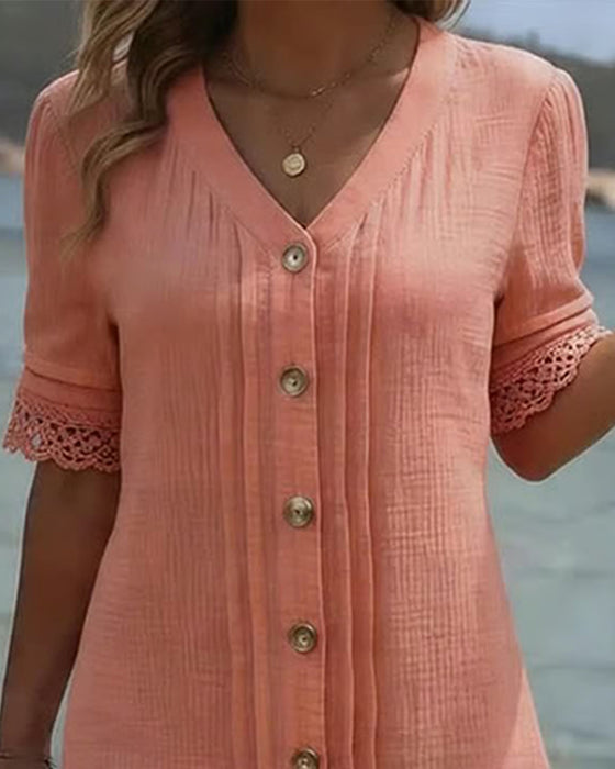 Robe Plissée Col V Bouton Dentelle Patchwork