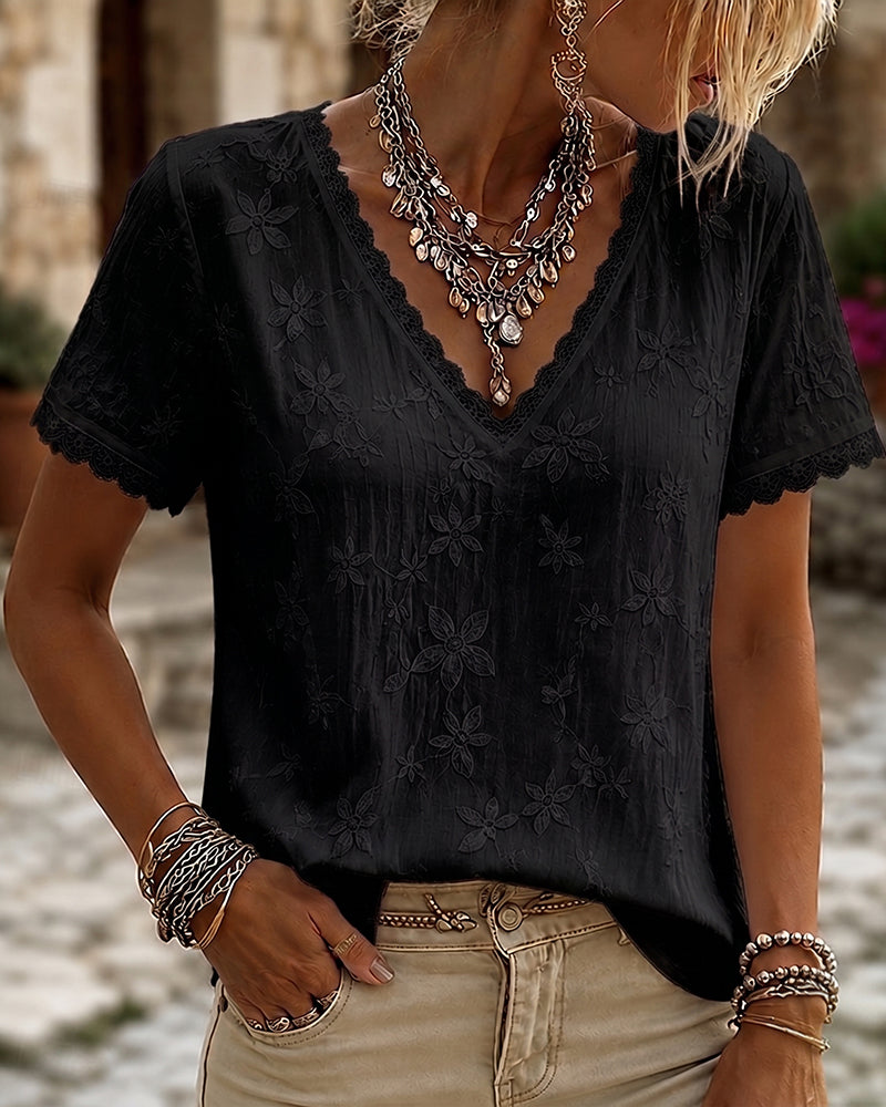 Blouse Col V Dentelle Manche Courte