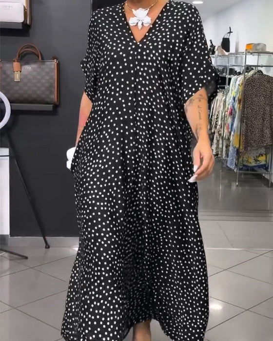 Robe Col-V Pois Ample Évasée