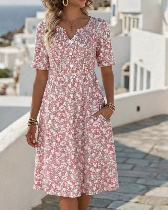 Robe Col V Manches Courtes Fleurie