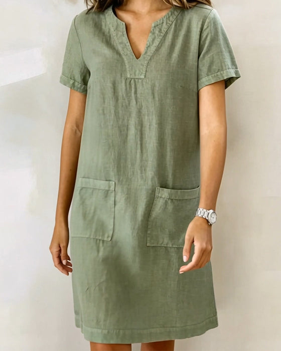 Robe Petit Col V Poche Shift