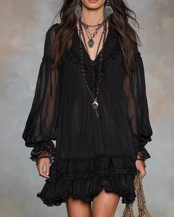 Robe Col V Manche Longue Volant
